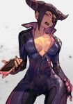  1girl biker_clothes bikesuit black_hair bodysuit breasts cleavage drill_hair fingerless_gloves gloves hair_horns han_juri hungry_clicker large_breasts looking_at_viewer nail_polish open_mouth purple_eyes solo street_fighter street_fighter_6 twin_drills 