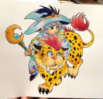 1girl blue_eyes blue_headwear blue_robe borongo character_request claws creature dragon_quest dragon_quest_x hat holding holding_staff marker_(medium) riding robe short_hair staff traditional_media whiskers witch_hat wotasyou 