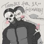  2boys arm_hair bara beard_stubble black_hair call_of_duty call_of_duty:_modern_warfare_2 cheek-to-cheek couple english_text finger_heart ghost_(modern_warfare_2) greyscale heads_together heart heart_hands highres large_pectorals male_focus mask mature_male milestone_celebration monochrome multiple_boys muscular muscular_male mustache_stubble one_eye_closed pectorals ser_(s3rrrpentine) short_hair skull_mask smile soap_(modern_warfare_2) spot_color thick_eyebrows undercut upper_body yaoi 