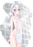  1girl blush breasts cleft_of_venus closed_mouth covering_breasts covering_privates cowboy_shot grey_hair hair_up highres hijouguti light_frown looking_at_viewer medium_hair naked_towel original pink_eyes small_breasts solo standing steam towel towel_on_head wet 