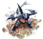  blurry claws commentary_request full_body garchomp motion_blur nejikyuu no_humans pokemon pokemon_(creature) rock solo spikes standing white_background yellow_eyes 