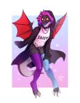  2023 3_toes 5_fingers anthro ariannafray_pr clothing digital_media_(artwork) dragon feathered_wings feathers feet fingers girly hair legwear male membrane_(anatomy) membranous_wings open_mouth purple_hair solo teeth toes tongue wings 