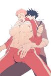  2boys abs bara black_hair black_pants blush clothes_lift facial_mark finger_to_another&#039;s_mouth fushiguro_megumi grey_shirt highres holding holding_pen itadori_yuuji jacket jujutsu_kaisen large_pectorals male_focus mawaru_(ajan) multiple_boys muscular muscular_male navel nipple_piercing nipples open_clothes open_jacket open_mouth pants pectorals pen piercing pink_hair red_jacket red_pants scar scar_on_face shirt shirt_lift short_hair simple_background tongue tongue_out twitter_username undercut white_background white_shirt yaoi 