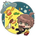  1boy ahoge black_jacket black_pants brown_hair bun_(food) burger cheese cheeseko chibi commentary_request d: danganronpa:_trigger_happy_havoc danganronpa_(series) food french_fries green_eyes jacket light male_focus naegi_makoto open_clothes open_jacket pants shoes short_hair solo star_(symbol) striped striped_background sweat teeth tomato ufo upper_teeth_only white_background 