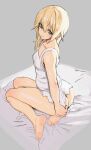  1girl absurdres armpit_crease ass awesomeerix bare_legs bare_shoulders barefoot blonde_hair blue_eyes breasts censored_feet commentary dress eyelashes feet grey_background hair_between_eyes highres kingdom_hearts legs long_hair looking_at_viewer namine on_bed shiny_skin short_dress sketch small_breasts soles solo thighs toes white_dress 