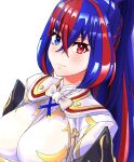  1girl absurdres alear_(female)_(fire_emblem) alear_(fire_emblem) blue_eyes blue_hair blush closed_mouth crossed_bangs fire_emblem fire_emblem_engage hair_between_eyes heterochromia highres looking_at_viewer multicolored_hair ponytail red_eyes red_hair ribbon solo split-color_hair to_(tototo_tk) two-tone_hair white_background 