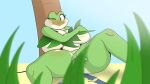  amphibian anthro big_breasts blush breasts brown_eyes chunkiroll_(artist) convenient_censorship covering covering_breasts covering_crotch embarrassed eyelashes female frog green_body hi_res huge_breasts leaf leela_(chunkiroll) nude one_eye_closed solo thick_thighs white_body wide_hips 