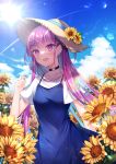  1girl :d black_choker blue_dress blue_hair blue_ribbon blue_sky blush cat_hair_ornament choker cloud colored_inner_hair contrail day dress fang field floating_hair flower flower_field food hair_ornament haruhitooo hat hat_flower hat_ribbon highres holding holding_food hololive lens_flare long_hair minato_aqua multicolored_hair open_mouth outdoors pinafore_dress pink_eyes pink_hair popsicle ribbon shirt short_sleeves skin_fang sky sleeveless sleeveless_dress smile solo standing straw_hat sun sun_hat sunflower two-tone_hair very_long_hair virtual_youtuber white_shirt x_hair_ornament yellow_flower 