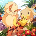  :3 alolan_exeggutor animal_focus arcanine blue_sky blurry blurry_background blurry_foreground blush_stickers bright_pupils brown_eyes closed_mouth cloud commentary_request confetti day dutch_angle eye_contact fangs fangs_out flower fluffy full_body happy highres jumping ktyon3 looking_at_another looking_to_the_side neck_fur no_humans open_mouth outdoors outstretched_arms partial_commentary pikachu pokemon pokemon_(creature) red_flower sky smile sparkle standing white_pupils 