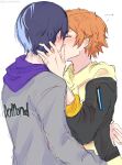  2boys aoyagi_touya blue_hair blush closed_eyes commentary dark_blue_hair drawstring english_commentary facing_another hand_on_another&#039;s_face heart highres hood hood_down hoodie juicelooped kiss long_sleeves male_focus multicolored_hair multiple_boys orange_hair project_sekai purple_hood shinonome_akito short_hair sleeves_past_elbows split-color_hair twitter_username two-tone_hair upper_body white_background yaoi yellow_hoodie 