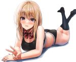  1girl ass bare_arms bare_shoulders black_panties black_socks black_sports_bra blonde_hair blush bow bowtie breasts brown_eyes cleavage commentary_request feet_up hair_between_eyes highres kneehighs large_breasts long_hair looking_at_viewer lying no_shoes on_stomach original panties parted_lips shadow simple_background smile socks solo sports_bra striped striped_bow striped_bowtie the_pose underwear v white_background yukemuriganmo 