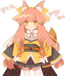  1girl :3 animal_ears blush bow bowtie braid commentary fate/samurai_remnant fate_(series) fox fox_ears fox_girl fox_tail hair_bow highres japanese_clothes kimono light_smile long_hair looking_at_viewer pink_hair simple_background sleeves_past_fingers sleeves_past_wrists tail tamamo_(fate) tamamo_aria translated twin_braids very_long_hair very_long_sleeves white_background white_bow white_bowtie yaruco_(freedumco) yellow_bow yellow_eyes yellow_kimono 