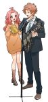  1boy 1girl :d black_pants black_suit blue_necktie brown_footwear brown_hair brown_socks collared_shirt commentary_request etra-chan_wa_mita! food fruit full_body guitar hair_flaps holding holding_instrument instrument katsura_(etra-chan_wa_mita!) long_hair long_sleeves looking_at_another microphone microphone_stand necktie open_mouth orange_(fruit) orange_slice orange_sweater pants pink_eyes pink_hair shimizuy418 shirt shoes short_hair simple_background smile socks suit sweatdrop sweater topknot white_background white_shirt yuri_(etra-chan_wa_mita!) 