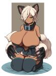  absurd_res animal_humanoid big_breasts big_hands breasts cat_humanoid claws cleavage clothed clothing collar dark_body dark_skin felid felid_humanoid feline feline_humanoid female hair hi_res huge_breasts humanoid kneeling mammal mammal_humanoid midriff navel sakanadaze solo thick_thighs white_hair yellow_eyes 