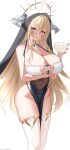  1girl absurdres arm_under_breasts azur_lane blonde_hair breast_cutout breasts cleavage covered_nipples cowboy_shot cum_in_container cum_in_cup cup fake_horns framed_breasts gold_trim hair_between_eyes halo highres holding holding_cup horns huanyi_huanhuanzi huge_breasts implacable_(azur_lane) long_hair looking_at_viewer mechanical_halo nun open_mouth red_eyes revealing_clothes see-through simple_background skindentation solo standing thighhighs very_long_hair white_background white_horns white_thighhighs 