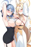  2girls :o ako_(blue_archive) animal_ears arm_up armpits blonde_hair blue_archive blue_eyes blue_hair blue_hairband blush breast_press breasts closed_mouth commentary_request detached_sleeves from_side hairband halo highres kaho_(blue_archive) large_breasts long_hair long_sleeves looking_at_viewer looking_to_the_side medium_hair multiple_girls open_mouth sideboob simple_background smile super_nagoyaka symmetrical_docking thick_eyebrows white_background yellow_eyes yellow_hairband 