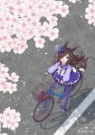  1girl animal_ears bicycle bicycle_basket bow bowtie brown_footwear brown_hair cherry_blossoms hair_over_one_eye hat horse_ears horse_girl horse_tail long_hair long_sleeves looking_up mini_hat mopiwo open_mouth outdoors pink_eyes purple_headwear purple_shirt purple_skirt purple_thighhighs rice_shower_(umamusume) riding riding_bicycle sailor_collar shadow shirt shoes shoes_removed skirt smile solo tail thighhighs tree twitter_username umamusume 