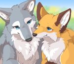  ambiguous_gender blue_eyes brown_body brown_fur canid canine canis dipstick_ears duo feral fluffy fox fur grey_body grey_fur mammal multicolored_ears orange_body orange_fur tsukune_minaga white_body white_fur wolf 