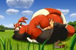  2021 ailurid akai_(kazecat) anthro axton_(ns22) big_butt blep butt cloud day digital_media_(artwork) face_in_ass felid field fur grass hair hi_res kazecat looking_back male mammal obese outside overweight overweight_anthro overweight_male pantherine plant ponytail red_panda size_difference sky smile tail thick_thighs tiger tongue tongue_out tree 