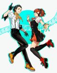  1boy 1girl black_gloves black_hair black_pants black_thighhighs blue_eyes boots brown_hair dress english_commentary full_body gloves headphones highres mochizuki_ryouji musical_note neekosiah one_eye_closed orange_footwear pants persona persona_3 persona_3:_dancing_moon_night persona_3_portable persona_dancing ponytail puffy_short_sleeves puffy_sleeves red_eyes red_footwear scarf scrunchie shiomi_kotone shirt shoes short_sleeves simple_background thighhighs v white_shirt wrist_scrunchie 