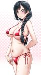  1girl absurdres arm_behind_back bikini black_hair blush braid breasts closed_mouth cowboy_shot grey_eyes highres large_breasts long_hair love_live! love_live!_nijigasaki_high_school_idol_club nakagawa_nana navel red_bikini side-tie_bikini_bottom solo stomach strap_gap swimsuit thighs twin_braids yopparai_oni yuuki_setsuna_(love_live!) 