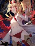  1girl ass_visible_through_thighs blonde_hair breasts chalice crown elbow_gloves facial_mark fate/grand_order fate_(series) from_below gauntlets gloves halterneck head_tilt highres looking_at_viewer looking_down nero_claudius_(fate) pale_skin panties queen_draco_(fate) red_eyes red_panties small_breasts smile tesin_(7aehyun) underwear 