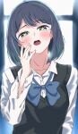  1girl :o absurdres black_sweater_vest blue_bow blue_bowtie blue_eyes blue_hair blurry blurry_background blush bow bowtie collarbone commentary hand_up highres kazu_(kauk3753) kurokawa_akane long_sleeves looking_at_viewer medium_hair multicolored_eyes open_mouth oshi_no_ko purple_eyes shirt solo star-shaped_pupils star_(symbol) sweater_vest swept_bangs symbol-shaped_pupils teeth upper_body upper_teeth_only white_shirt 