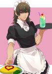  1boy alternate_costume apron aragaki_shinjirou black_dress brown_hair closed_mouth crossdressing cup dress enmaided food frilled_dress frills holding holding_plate holding_tray isa_(peien516) long_hair maid maid_headdress male_focus omelet omurice persona persona_3 plate puffy_sleeves shaded_face short_sleeves simple_background solo tray two-tone_background waist_apron white_apron 