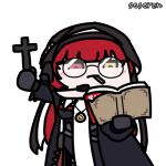  1girl animated animated_gif arm_up artist_name book candy cross erika_(girls&#039;_frontline_nc) food food_in_mouth girls&#039;_frontline_neural_cloud glasses habit headset heterochromia holding holding_book holding_cross latin_cross lollipop long_hair looping_animation lowres microphone mouth_hold nun red_eyes red_hair seseren solo transparent_background yellow_eyes 