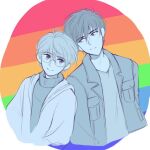  2boys cardcaptor_sakura couple fuji-sprouts glasses greyscale hair_between_eyes happy jacket kinomoto_touya lgbt_pride monochrome multiple_boys pride_month rainbow smile sweater tsukishiro_yukito yaoi 