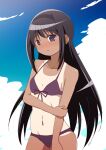  1girl akemi_homura bikini bikini_tan black_bikini black_hair blush breasts front-tie_bikini_top front-tie_top long_hair looking_at_viewer mahou_shoujo_madoka_magica one-piece_tan shuruken_(yuumo) sky small_breasts solo swimsuit tan tanlines 