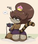  2023 anthro big_butt breasts butt cartoon_network clothed clothing crossgender crown dialogue english_text eyelashes female headgear hi_res joaoppereiraus looking_at_viewer looking_back looking_back_at_viewer mammal mario_bros mtf_crossgender nintendo procyonid raccoon regular_show rigbette_(benson_dancing) rigby_(regular_show) side_boob sitting solo speech_bubble super_crown tail talking_to_viewer text thick_thighs 