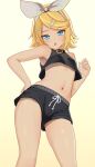  :o aruman belt_buckle black_choker black_shirt black_shorts blonde_hair blue_eyes bow breasts buckle choker commentary contrapposto cowboy_shot from_below gradient_background hair_bow hair_ornament hairband hairclip hand_on_own_thigh hand_up highres kagamine_rin looking_at_viewer looking_down midriff navel paid_reward_available shirt shorts simple_background sleeveless sleeveless_shirt small_breasts swept_bangs upshirt upshorts variant_set vocaloid white_bow yellow_background yellow_nails 