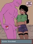 1girl absurdres bed bed_sheet black_hair choker cum dark_skin ditto full_body highres incredibly_absurdres jewelry necklace penis pokemon scrunchie wet wet_clothes 