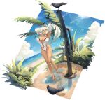  1girl arms_behind_head artist_request azur_lane beach black_eyes breasts clothing_cutout dark-skinned_female dark_skin day detached_sleeves full_body high_ponytail highleg highleg_swimsuit highres huge_breasts long_hair long_sleeves looking_at_viewer manjuu_(azur_lane) navel_cutout o-ring o-ring_swimsuit ocean official_alternate_costume official_art one-piece_swimsuit one_eye_closed outdoors puddle reflection reflective_water senran_kagura shower_head solo swimsuit very_long_hair water white_hair white_swimsuit yuyaki_(blue_sky_lagoon)_(senran_kagura) yuyaki_(senran_kagura) 