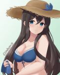  1girl alternate_hairstyle bikini black_hair blue_bikini blue_eyes breasts brown_headwear cleavage english_commentary hair_down hat highres kantai_collection long_hair medium_breasts official_alternate_costume one-hour_drawing_challenge shidas0459 shigure_(kancolle) shigure_kai_san_(kancolle) solo straw_hat sun_hat swimsuit twitter_username 