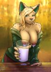  androidz anthro areola autumn autumn_leaves beverage big_breasts big_nipples blonde_hair blush bodily_fluids breasts chai_(spicychaikitten) clothed clothing container cup ear_piercing exposed_breasts felid feline female fur green_tail hair hi_res huge_breasts lactating leaf mammal milk nipples outside piercing smile solo tail tan_body 