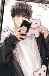  1boy absurdres bishounen black_jacket bow brown_eyes brown_hair cellphone highres iphone_11_pro jacket jeong_taeui korean_text male_focus mok1e_(moku) open_mouth passion_(manhwa) phone shirt short_hair smartphone stuffed_animal stuffed_toy teddy_bear upper_body white_background white_shirt 