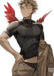  1boy artist_name black_male_underwear black_shirt blonde_hair boku_no_hero_academia brown_jacket brown_pants closed_mouth covered_collarbone feathered_wings hawks_(boku_no_hero_academia) jacket jacket_partially_removed kadeart looking_back male_focus male_underwear navel open_fly pants red_wings scar scar_on_face scar_on_neck shirt short_hair short_sleeves signature simple_background solo standing t-shirt underwear white_background wings yellow_eyes 
