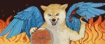  animal animal_focus blue_wings dog doge feathered_wings fiery_background fire highres holding logo mars_(planet) mossacannibalis no_humans sharp_teeth shiba_inu teeth tesla_(company) twitter wings 