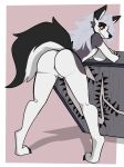 2023 anthro big_breasts big_butt big_tail breasts butt canid canid_demon claws demon digital_media_(artwork) digitigrade dima_(artist) female floral_pattern fur furniture genitals grey_body grey_fur hair hellhound helluva_boss hi_res looking_at_viewer loona_(helluva_boss) mammal paws pink_background presenting presenting_hindquarters pussy rear_view red_sclera shadow simple_background smile solo table tail tail_aside white_body white_eyes white_fur white_hair 