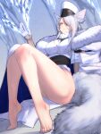  1girl animal_ears arknights bare_legs barefoot black_undershirt blue_nails breasts closed_eyes crop_top feet full_body fur-trimmed_jacket fur_collar fur_trim gloves hair_between_eyes hair_over_one_eye half_gloves hand_up highres ice jacket large_breasts legs long_hair long_skirt looking_at_viewer nail_polish off_shoulder oripathy_lesion_(arknights) shirt simone_(arknights) sitting skirt sleeveless sleeveless_shirt soles solo tail thick_thighs thighs tiptoes toenail_polish toenails toes white_gloves white_hair white_headwear white_jacket white_shirt white_skirt yamauchi_(conan-comy) yellow_eyes 