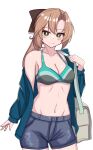  1girl absurdres akigumo_(kancolle) akigumo_kai_ni_(kancolle) alternate_costume bag bikini bikini_top_only blue_jacket blue_shorts breasts brown_hair cleavage collarbone commentary_request cowboy_shot denim denim_shorts green_eyes hair_ribbon highres jacket kantai_collection long_hair looking_at_viewer medium_breasts mole mole_under_eye multicolored_bikini multicolored_clothes open_clothes open_jacket ponytail ribbon shorts simple_background smile solo swimsuit tokiwa_senkei white_background 