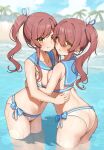  2girls absurdres arched_back ass beach bikini blue_ribbon blue_sailor_collar blue_sky blurry blurry_background blush breast_press breasts closed_mouth cloud day hair_between_eyes hair_ribbon highres hug idolmaster idolmaster_shiny_colors leaning_forward long_hair looking_at_viewer medium_breasts multiple_girls navel osaki_amana osaki_tenka outdoors palm_tree parted_lips pout raised_eyebrows ribbon sailor_collar see-through siblings side_ponytail sisters sky swimsuit tearing_up thighs tree v-shaped_eyebrows wading wanimaru water wet wet_hair white_bikini white_ribbon yellow_eyes 