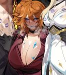  1boy 2girls abs absurdres aether_(genshin_impact) blonde_hair blue_eyes blue_lips breasts cleavage dress genshin_impact hair_between_eyes heavy_breathing highres huge_breasts kurenaiz1 large_breasts lipstick_mark long_hair long_sleeves lumine_(genshin_impact) multiple_girls orange_hair sandwiched shirt short_hair_with_long_locks sketch tartaglia_(genshin_impact) torso_grab unbuttoned water white_dress 