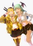  2girls alternate_costume blonde_hair blunt_bangs breasts candy casual choker chupa_chups cleavage fangs feet_out_of_frame food green_eyes green_hair hand_on_own_hip head_wings headband holding holding_string illyana_rasputina jacket kneehighs lollipop long_hair long_sleeves magik_(x-men) marvel midriff morrigan_aensland mouth_hold multiple_girls navel okazuwa_shake one_eye_closed open_clothes open_jacket orange_eyes shirt skirt socks string thighhighs tied_shirt vampire_(game) white_shirt wings x-men 