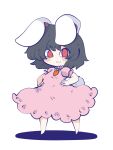  :3 animal_ears barefoot black_hair blush carrot_necklace chahan_(fried_rice0614) commentary dress frilled_dress frills hands_on_own_hips highres inaba_tewi jewelry light_smile looking_at_viewer neck_ribbon necklace pink_dress puffy_short_sleeves puffy_sleeves rabbit_ears rabbit_tail red_eyes ribbon ribbon-trimmed_sleeves ribbon_trim shadow short_sleeves simple_background standing tail touhou white_background 