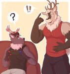  2022 age_difference anthro antlers biceps capreoline clothed clothing deer digital_media_(artwork) duo espen_(verdedeer) exclamation_point eyebrows facial_hair fully_clothed fur gaming hair hi_res horn jules_(verdedeer) male male/male mammal mature_anthro mature_male muscular muscular_anthro muscular_male mustache nintendo nintendo_switch open_mouth open_smile pecs playing_videogame reindeer shirt sitting smile tail tank_top topwear verdedeer 
