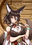  1girl animal_ears arm_under_breasts breasts brown_hair cleavage fox_ears fox_girl fox_tail green_eyes hair_ornament hand_fan highres holding holding_fan honkai:_star_rail honkai_(series) large_breasts looking_at_viewer smile solo tail tingyun_(honkai:_star_rail) yuxian_youka 