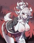  accessory anthro bent_over big_breasts blep bottomwear bovid breasts caprine clothed clothing ear_piercing ear_ring female fur goat goat_lucifer_(helltaker) grey_hair hair hair_accessory helltaker hi_res horizontal_pupils horn mammal nipples noona_plz one_eye_closed piercing pupils red_eyes ring_piercing school_uniform skirt solo tongue tongue_out topless uniform white_body white_fur 